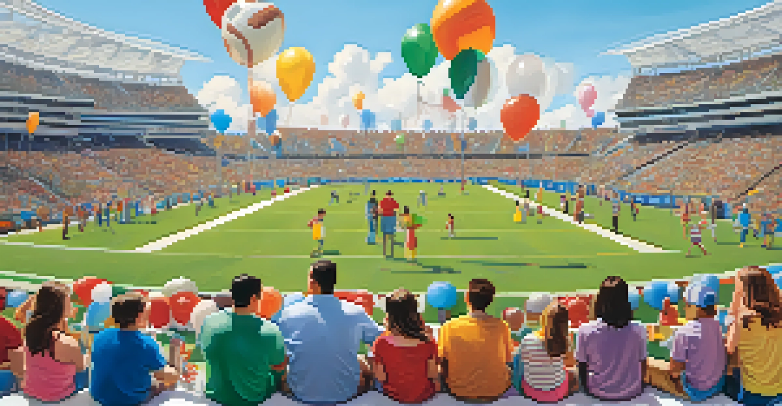 A family enjoying tailgating at a sports event in Orlando with a stadium in the background and colorful decorations.
