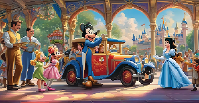 A family interacting with Mickey Mouse and Cinderella at Disney World, with smiles and bright colors surrounding them.