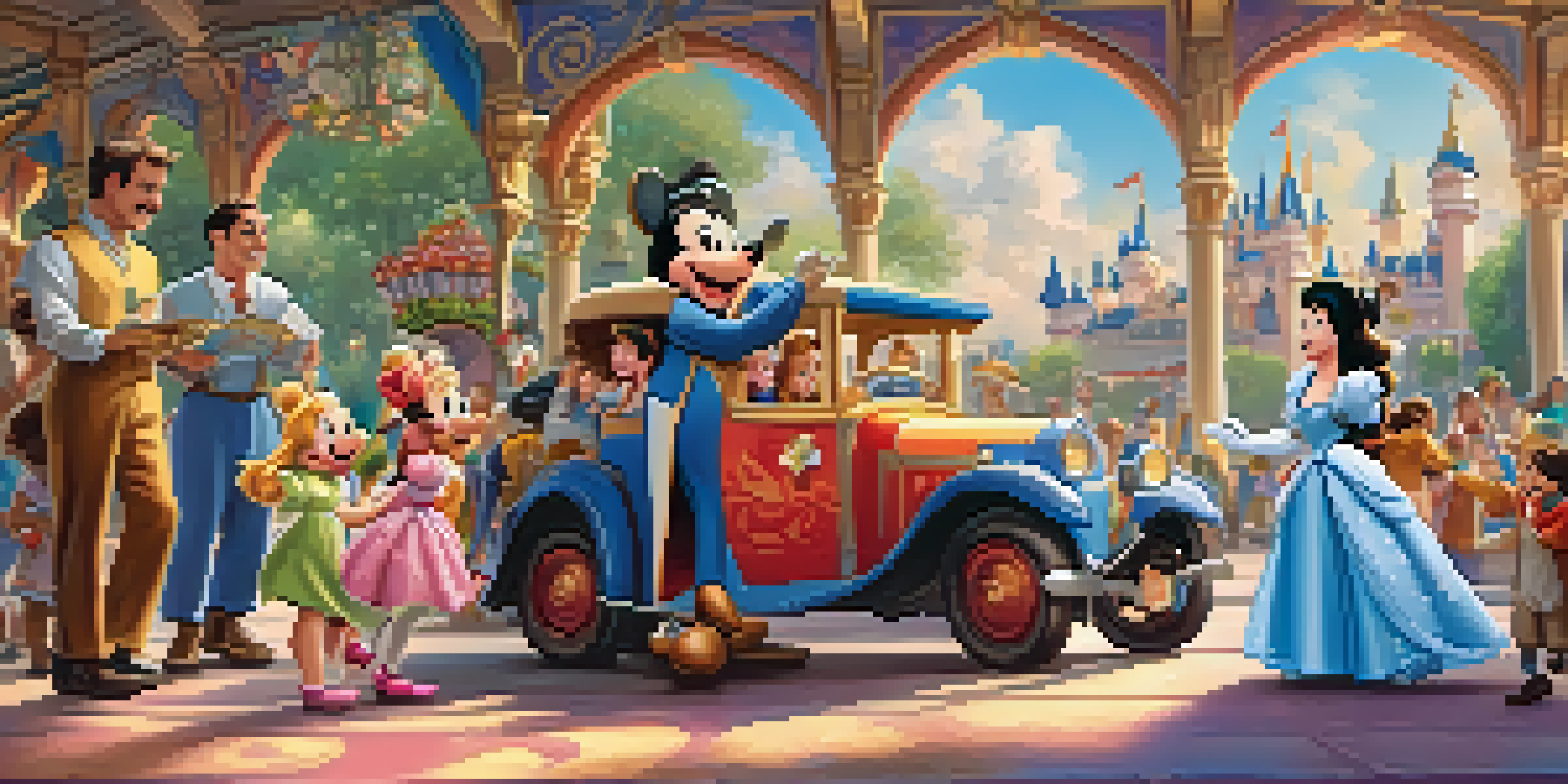 A family interacting with Mickey Mouse and Cinderella at Disney World, with smiles and bright colors surrounding them.