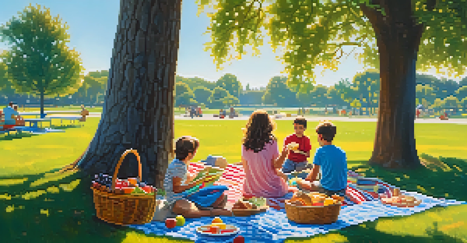 A family enjoying a picnic in a park with children playing frisbee nearby.