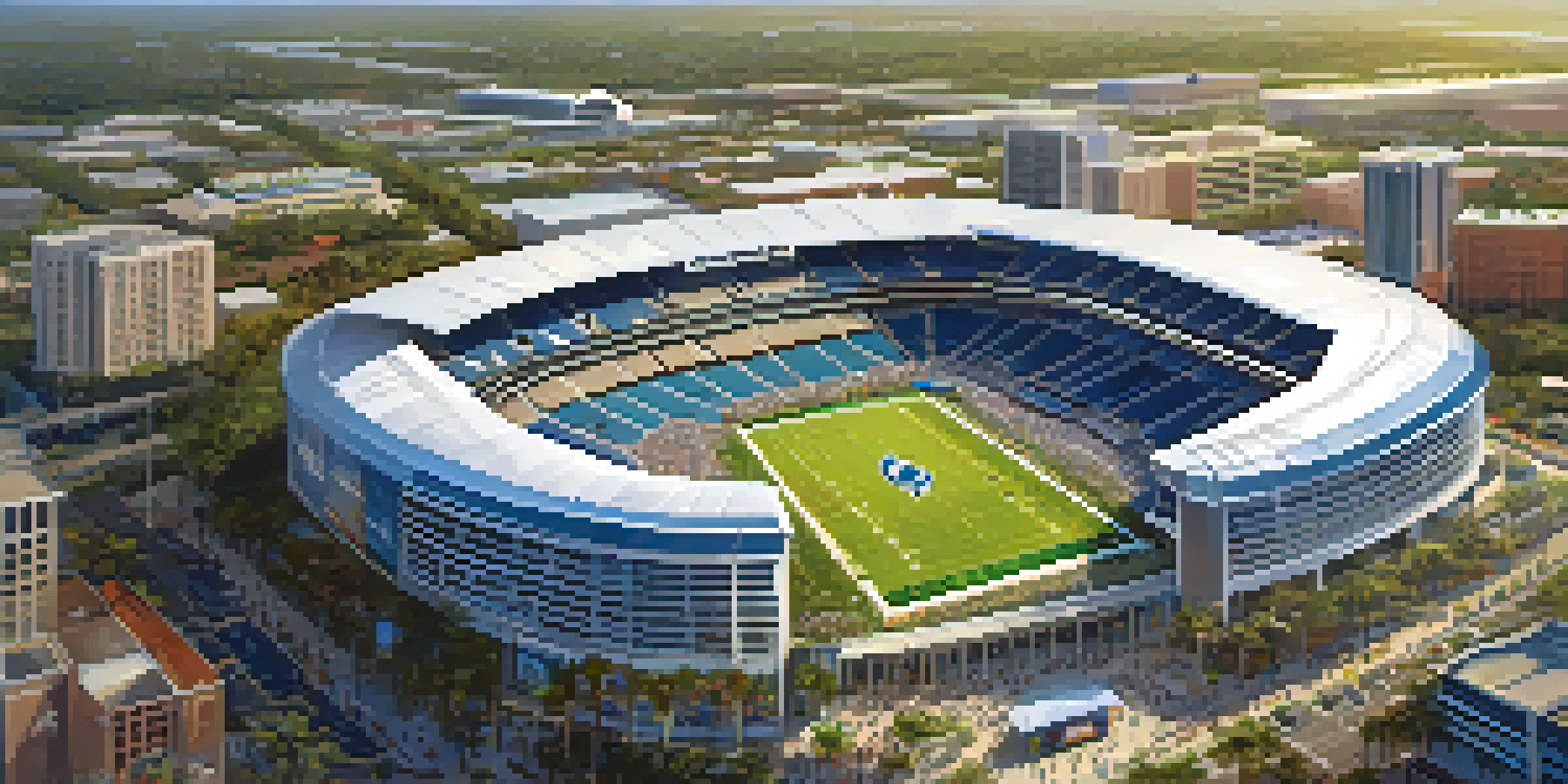 Aerial view of Orlando featuring the Amway Center and Camping World Stadium with fans in team jerseys, surrounded by parks and streets.