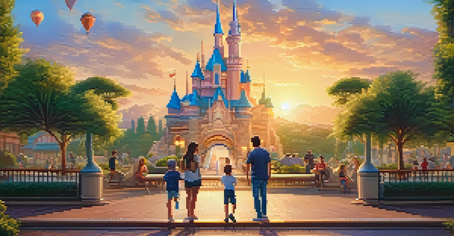 A family posing for a photo in front of a theme park landmark during sunset, with greenery around them.