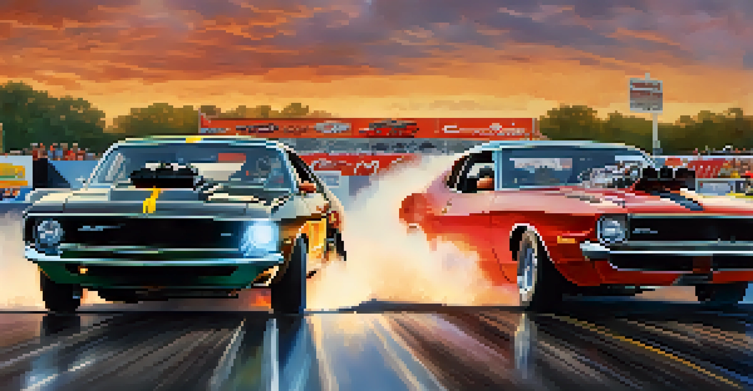 Two drag racing cars launching off the starting line with tire smoke and a colorful sunset in the background.