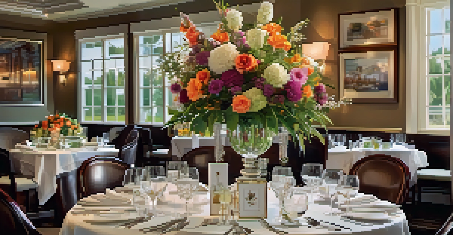 A beautifully arranged dining table with flowers and fine dining utensils in an upscale restaurant.