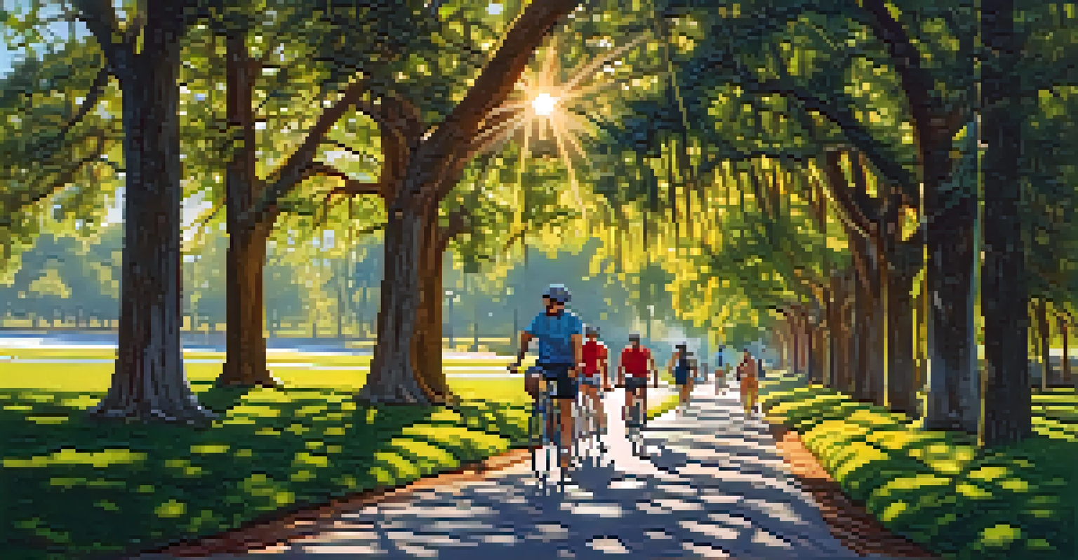 Cyclists riding on Cady Way Trail in Orlando, with trees lining the path and a group of friends having a picnic under the shade.