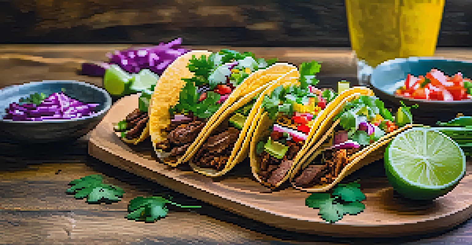A colorful platter of assorted tacos with fresh garnishes on a rustic wooden table, showcasing the vibrant atmosphere of Black Rooster Taqueria.
