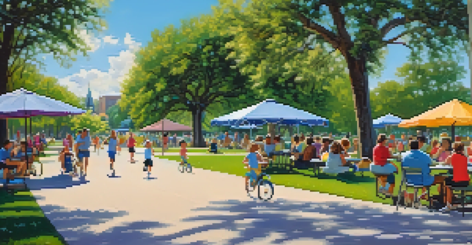 A sunny park in Orlando with families having picnics, children playing, and joggers on a path, surrounded by blooming flowers and clear blue skies.