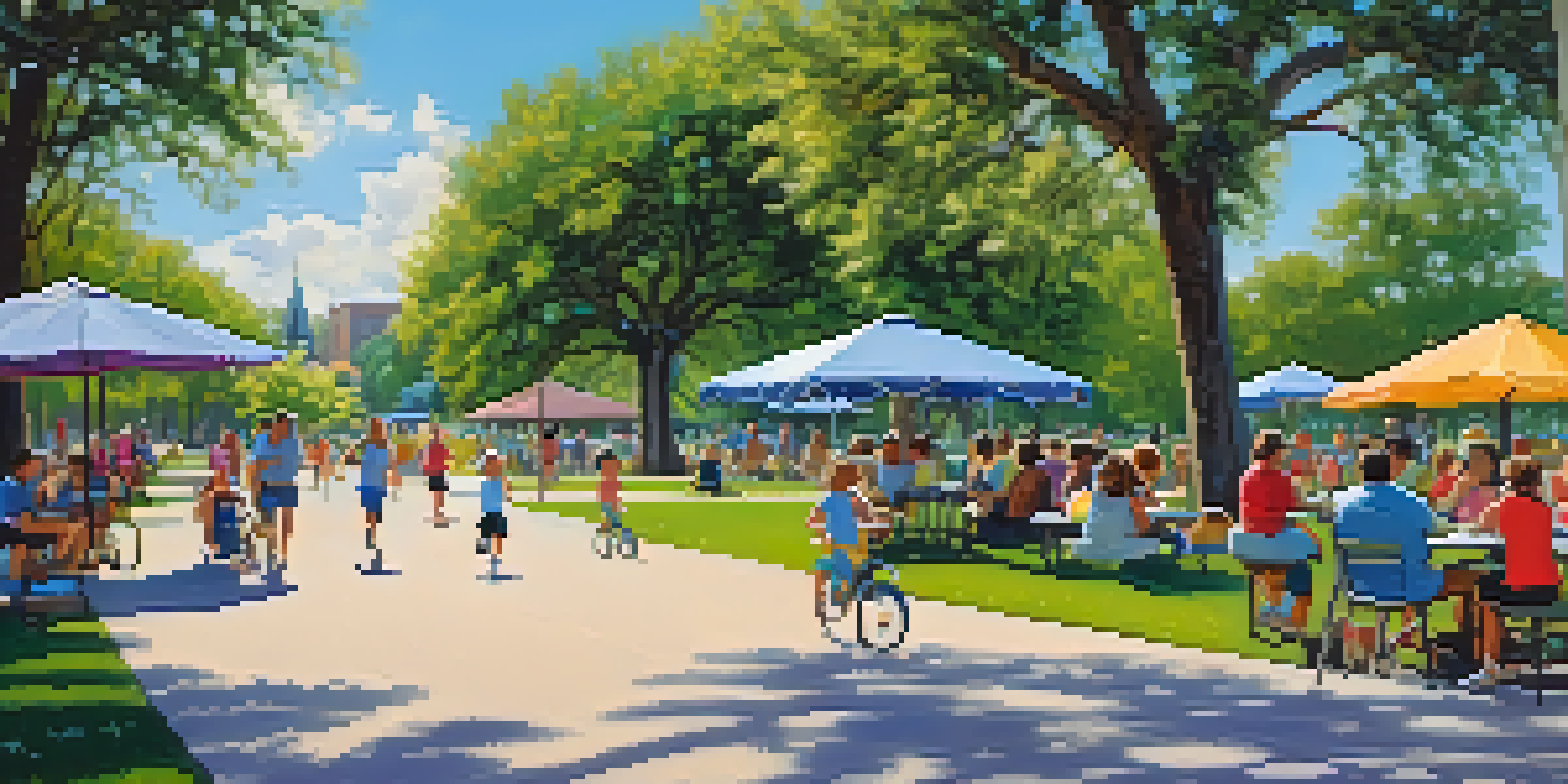 A sunny park in Orlando with families having picnics, children playing, and joggers on a path, surrounded by blooming flowers and clear blue skies.