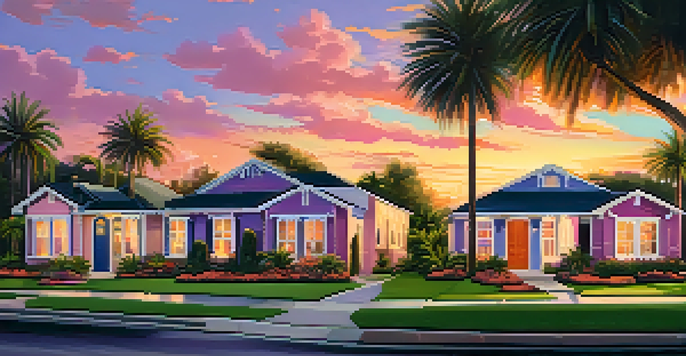 A sunset view of a charming Orlando neighborhood with colorful houses, palm trees, and blooming flowers.