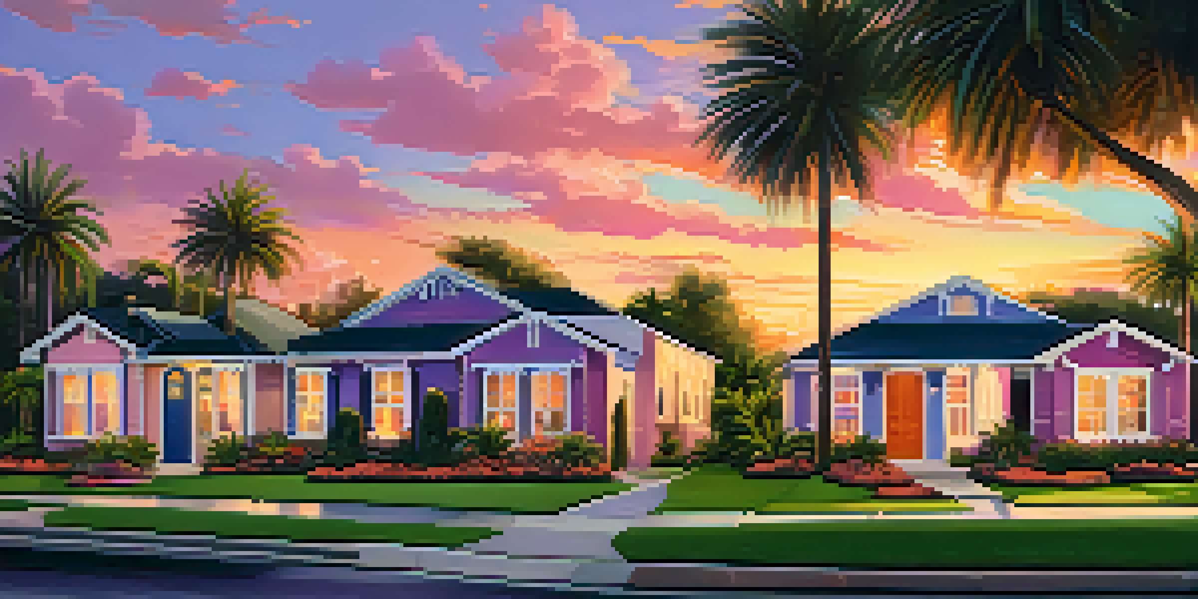 A sunset view of a charming Orlando neighborhood with colorful houses, palm trees, and blooming flowers.