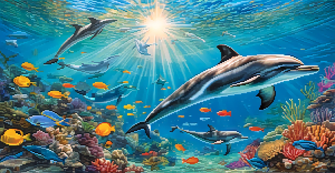 A lively underwater scene with dolphins jumping above coral reefs and schools of fish, illuminated by sunlight.
