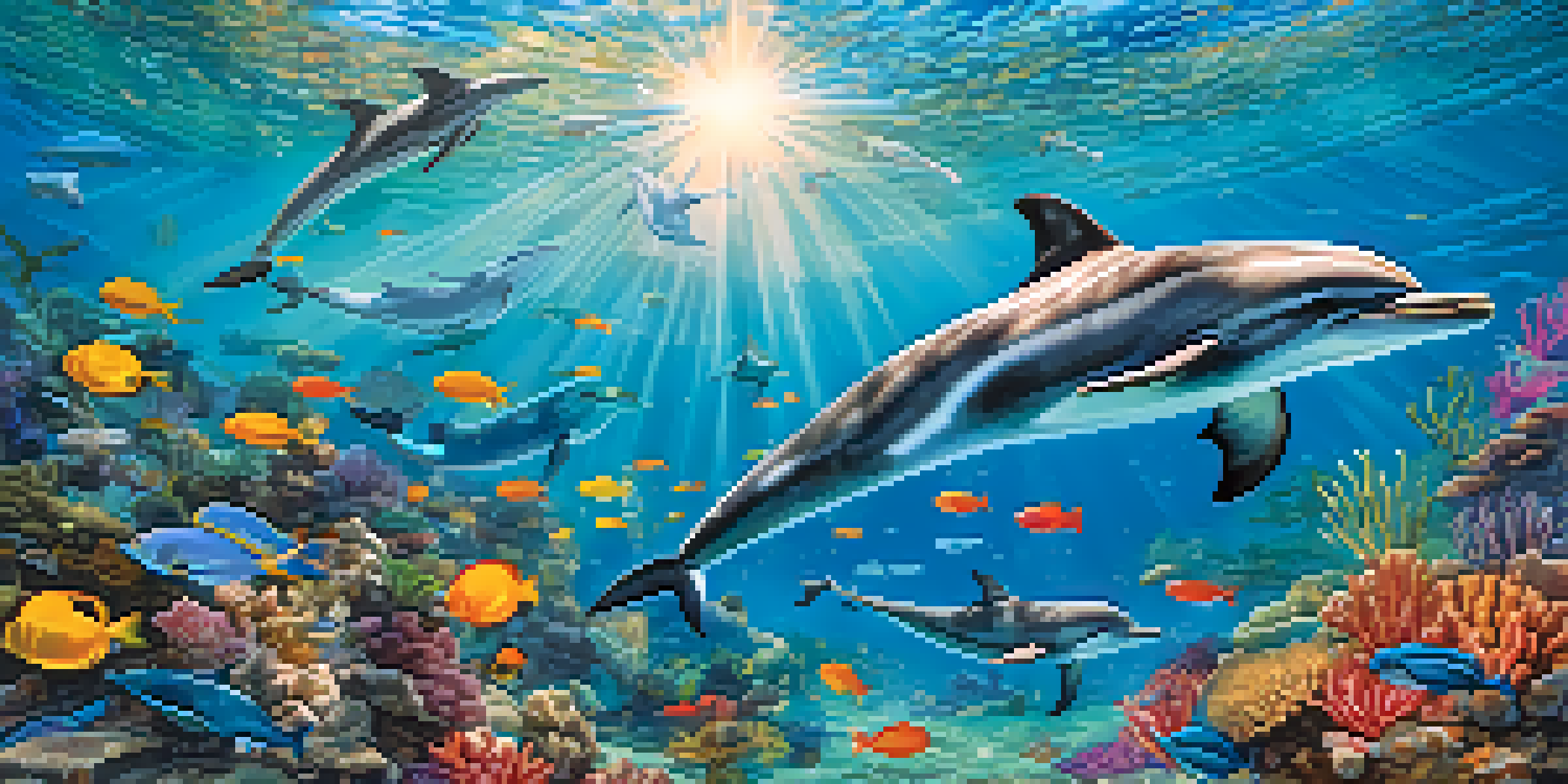 A lively underwater scene with dolphins jumping above coral reefs and schools of fish, illuminated by sunlight.