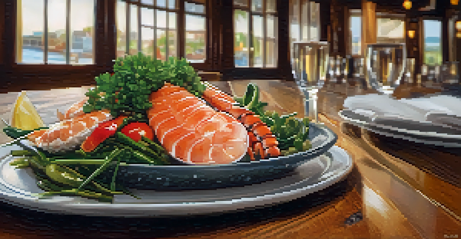 A close-up view of a beautifully plated seafood dish on a rustic table, with warm lighting and a glass of wine in an inviting restaurant.