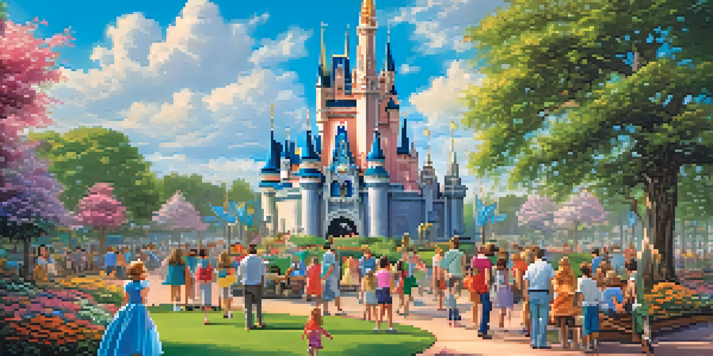 A lively scene at Walt Disney World with families and children interacting with Disney characters and enjoying rides in front of Cinderella Castle.