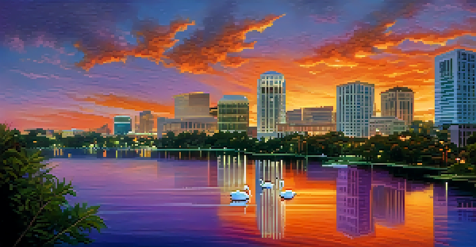 A sunset view of downtown Orlando with a colorful skyline reflected in a lake surrounded by greenery.