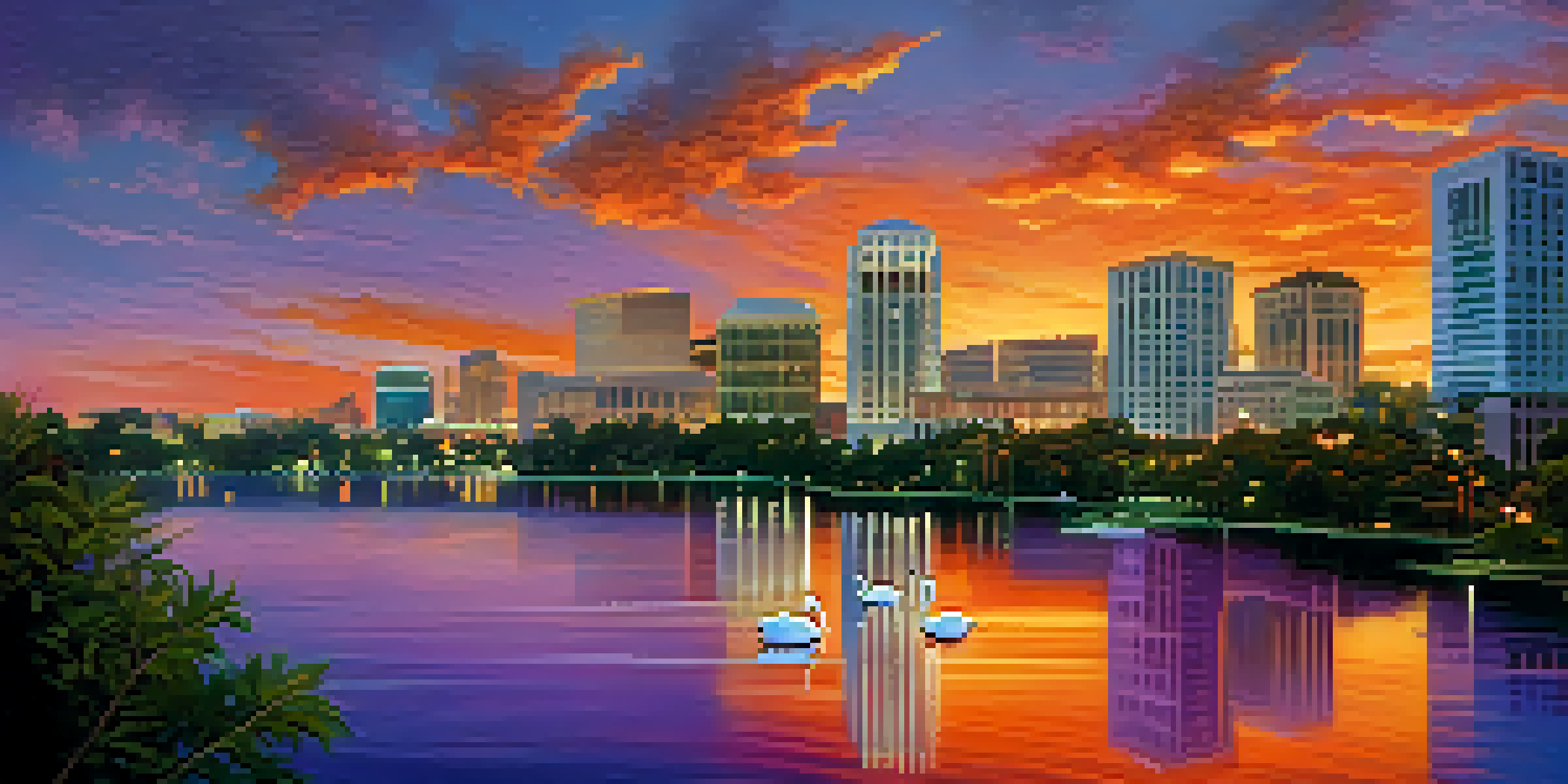 A sunset view of downtown Orlando with a colorful skyline reflected in a lake surrounded by greenery.