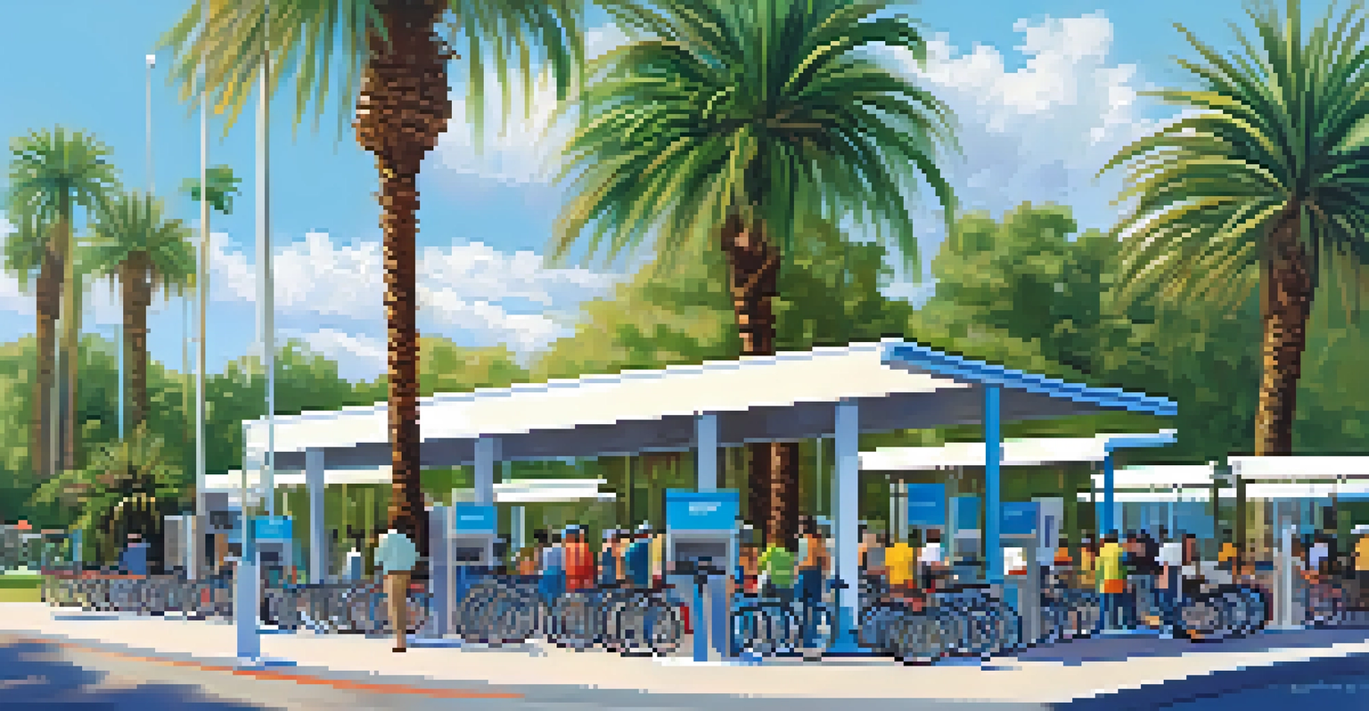 A bike rental station in Orlando with colorful bicycles, palm trees, and a person preparing to ride under a blue sky.