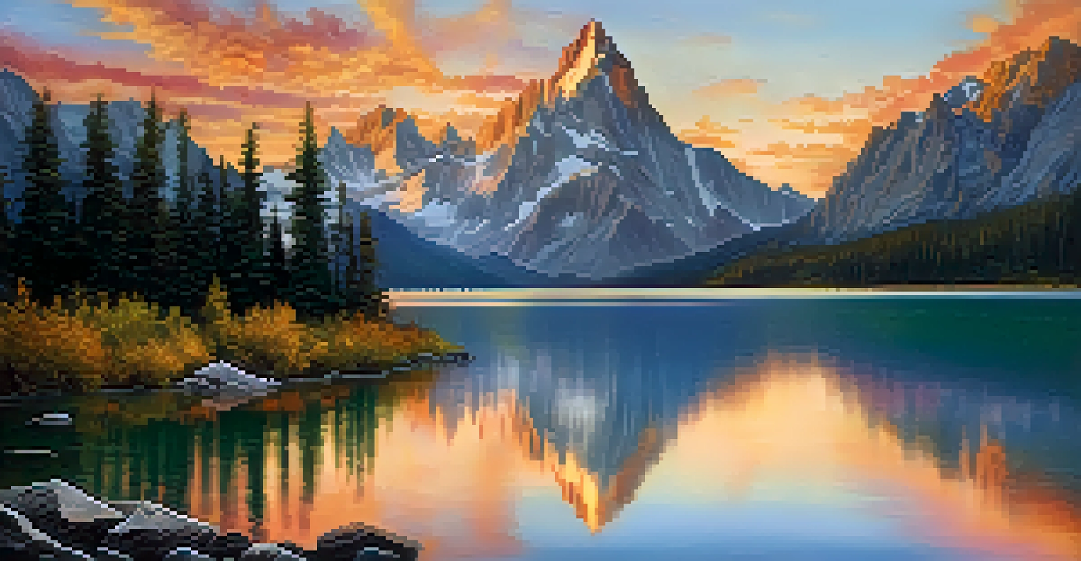 A stunning mountain landscape with a lake reflecting the peaks during sunset.