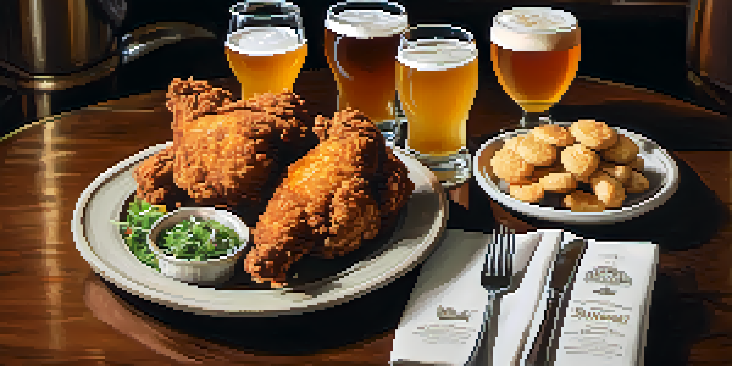 A cozy table at The Ravenous Pig with fried chicken, biscuits, and craft beers in a warm setting.