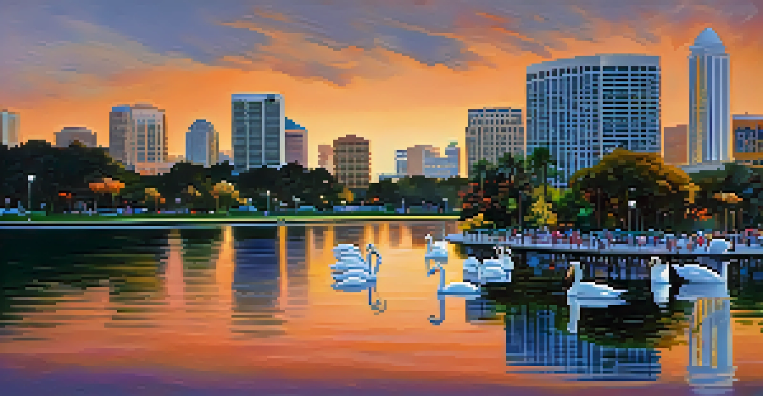 A sunset view of Lake Eola Park, featuring a reflective lake, city skyline, and people walking along the waterfront.