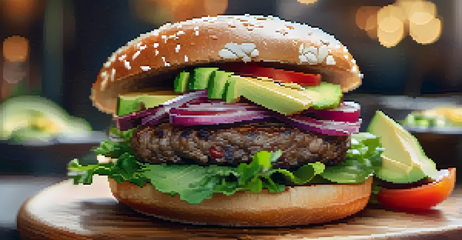 A gourmet vegan burger with fresh vegetables and avocado on a wooden platter, in a stylish cafe setting.