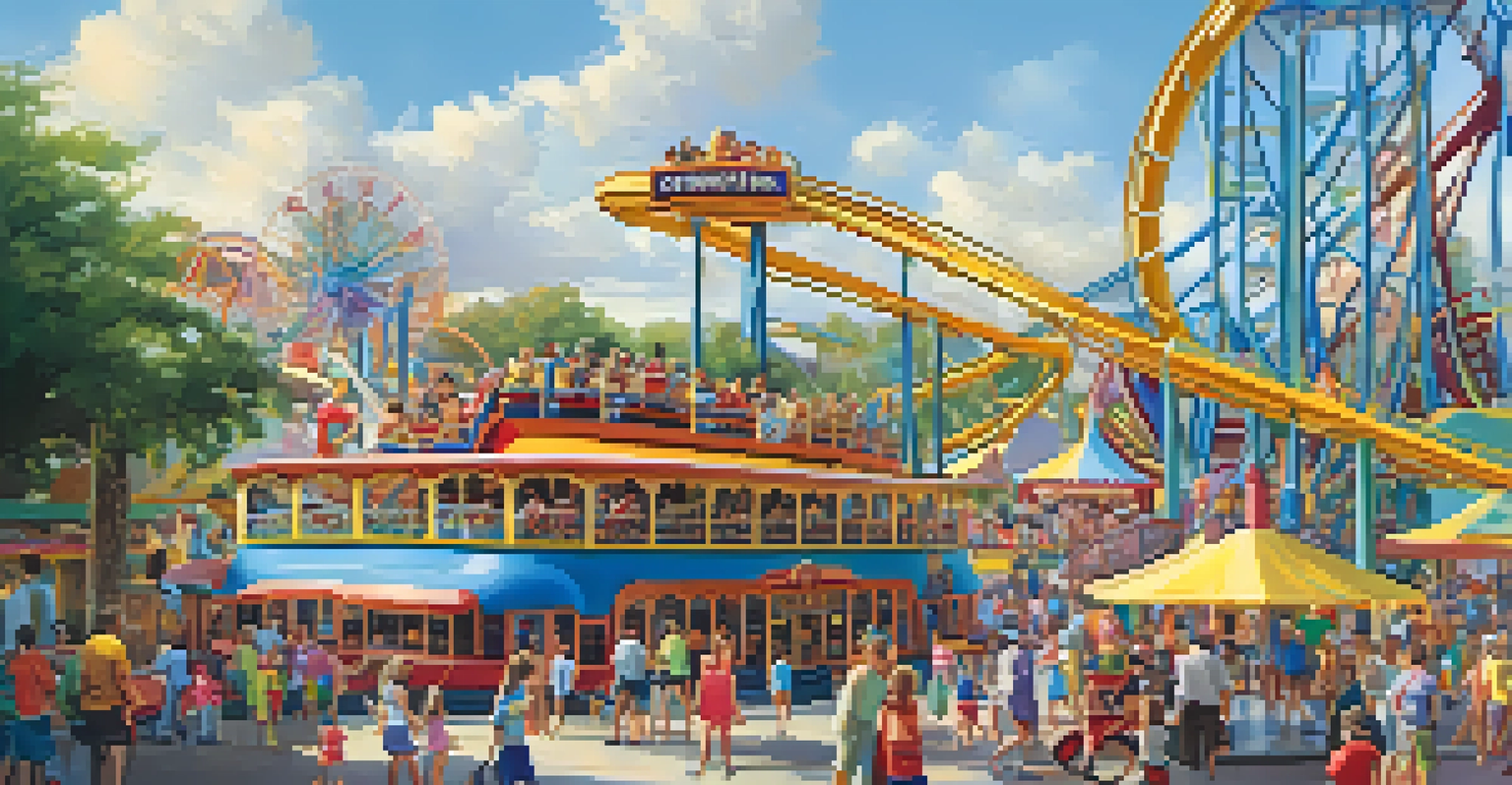 Families enjoying rides at a colorful theme park in Orlando, with roller coasters visible in the background.