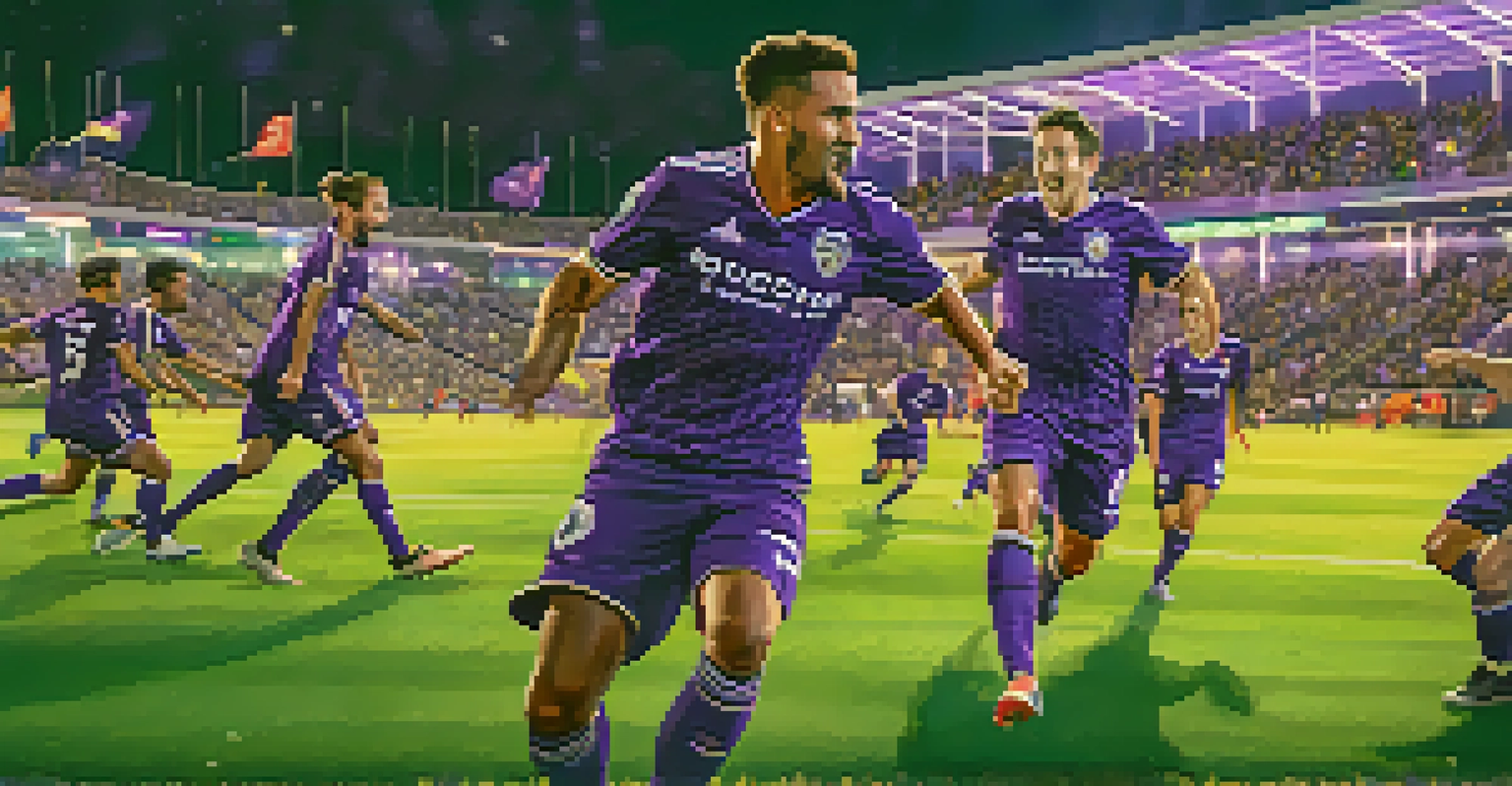 An Orlando City SC soccer match with players in purple jerseys and a cheering crowd in the stadium.