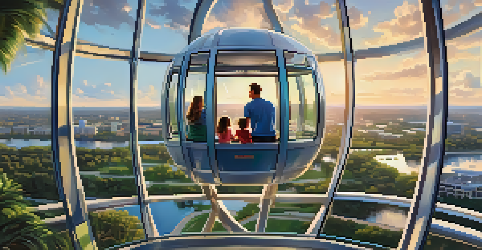 A family inside the Orlando Eye capsule looking at the city view, with parks and buildings visible in the background during sunset.