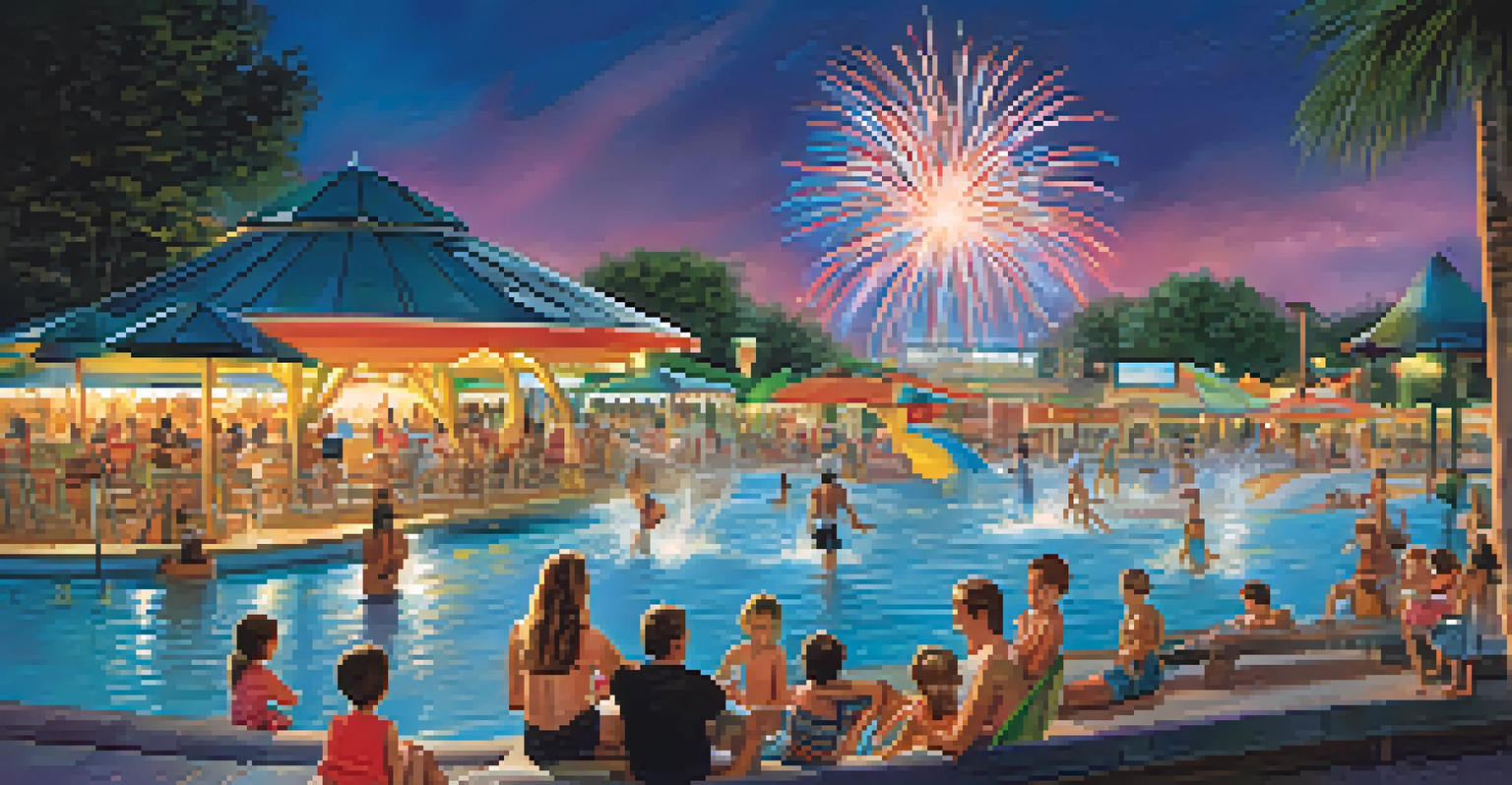 A lively summer scene at an Orlando water park with families enjoying water slides and a fireworks display in the sky.