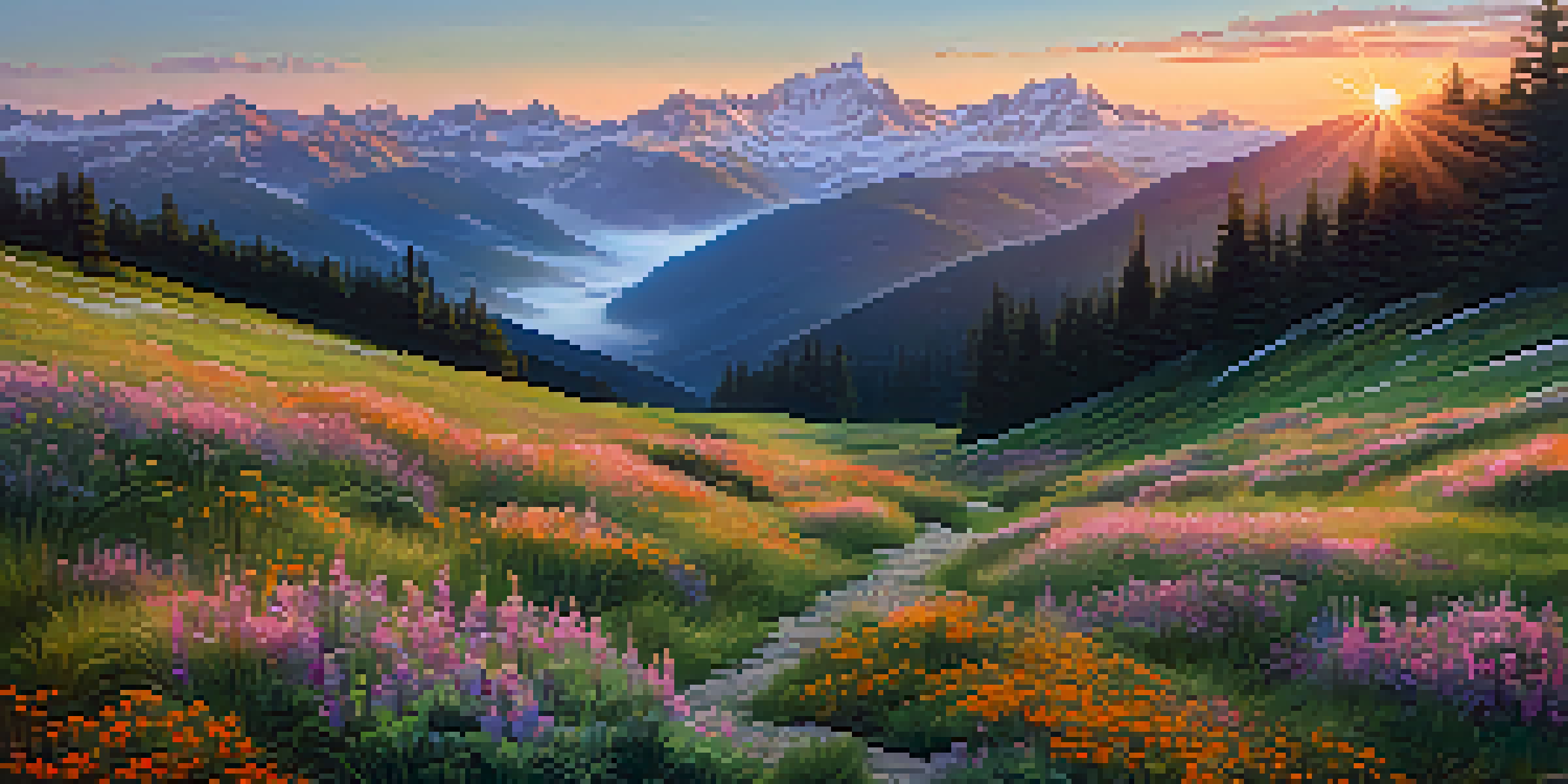A beautiful mountain landscape at sunrise, featuring mist, a winding hiking trail, and vibrant wildflowers in the foreground.
