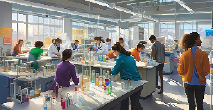 A diverse group of university students collaborating in a bright research lab, surrounded by scientific equipment and charts.