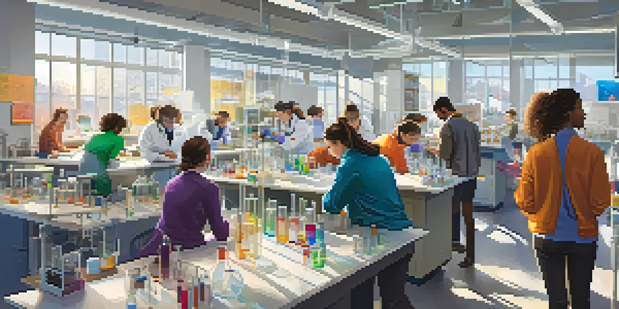 A diverse group of university students collaborating in a bright research lab, surrounded by scientific equipment and charts.