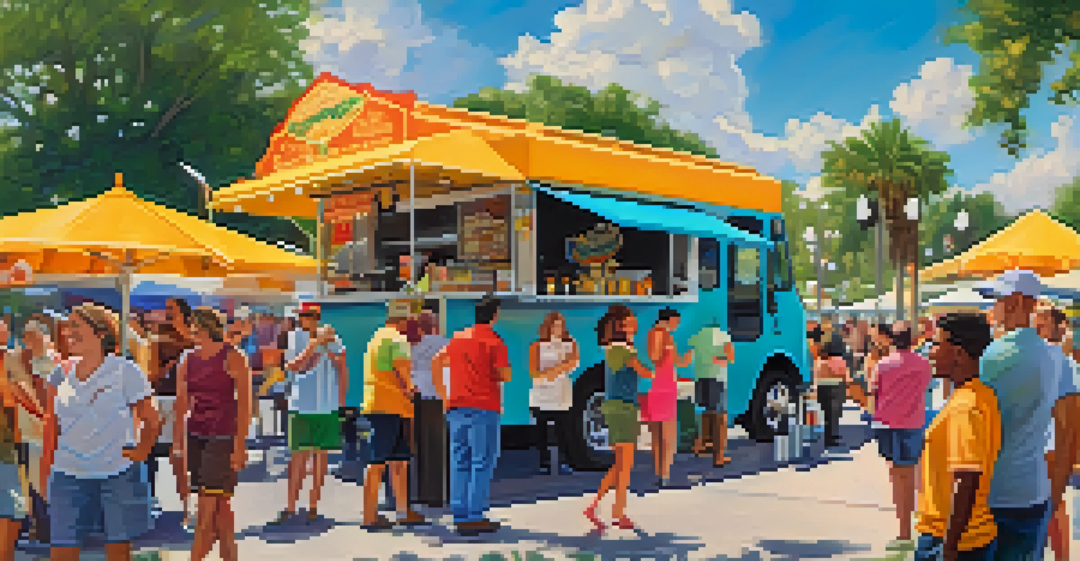 A lively food truck festival in Orlando with colorful food trucks and attendees enjoying diverse culinary options under a sunny sky.