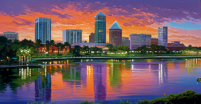 A city skyline of Orlando during sunset, showcasing skyscrapers and parks with colorful reflections on a lake.