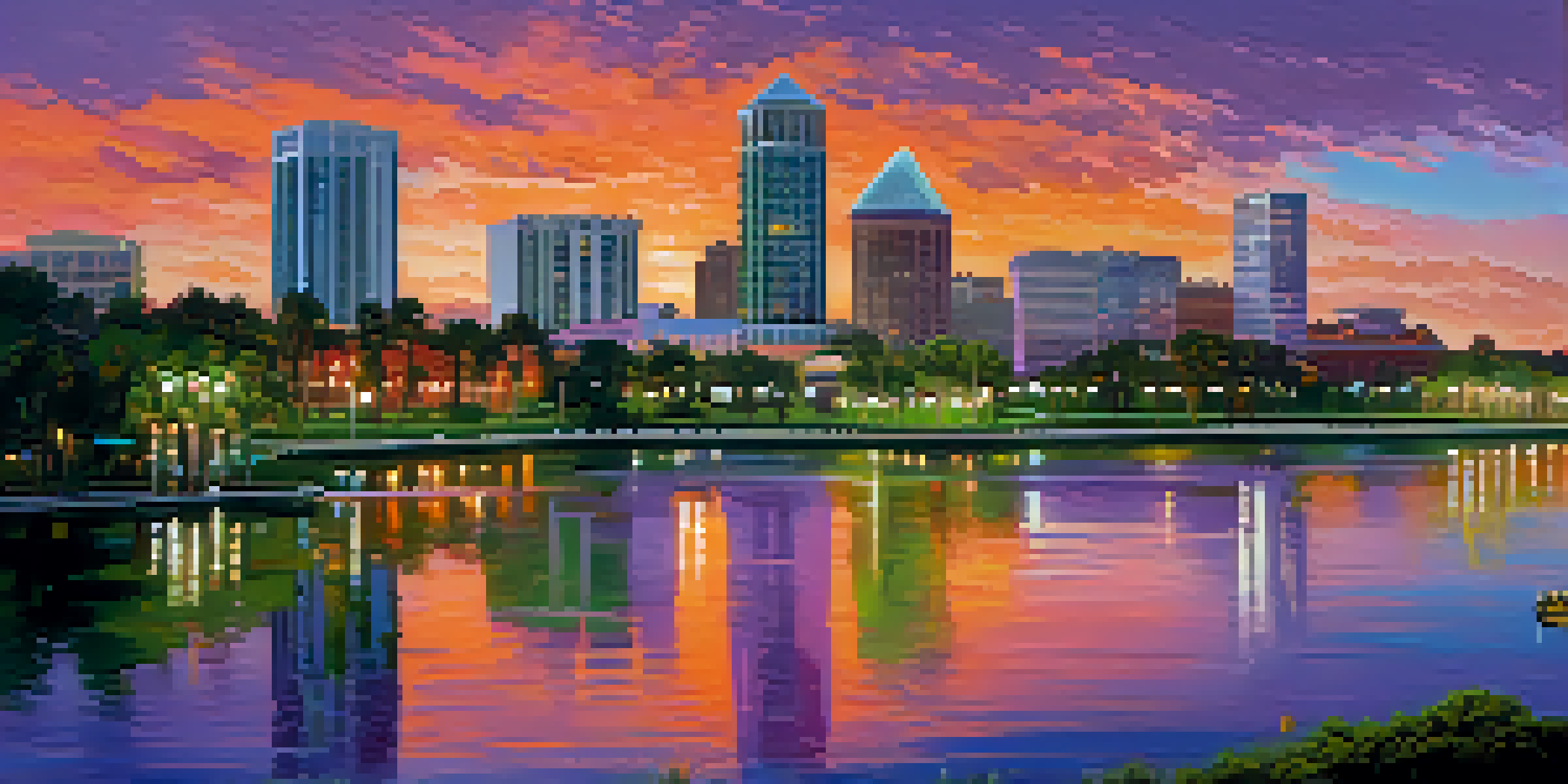 A city skyline of Orlando during sunset, showcasing skyscrapers and parks with colorful reflections on a lake.