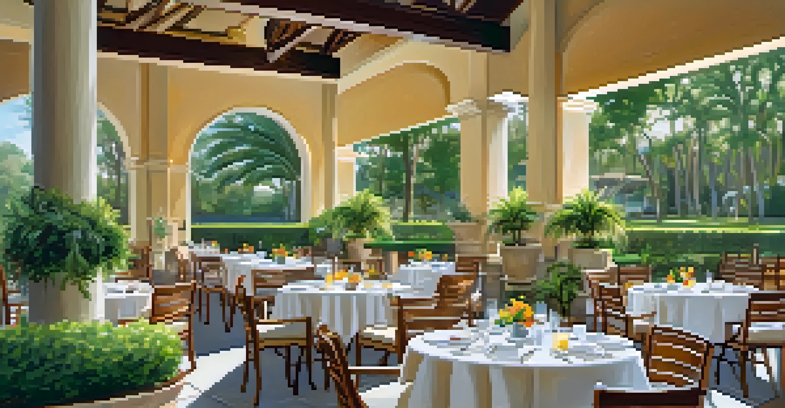 An outdoor dining area at a hotel in Orlando with elegant tables set for breakfast, surrounded by lush greenery and guests enjoying a buffet.