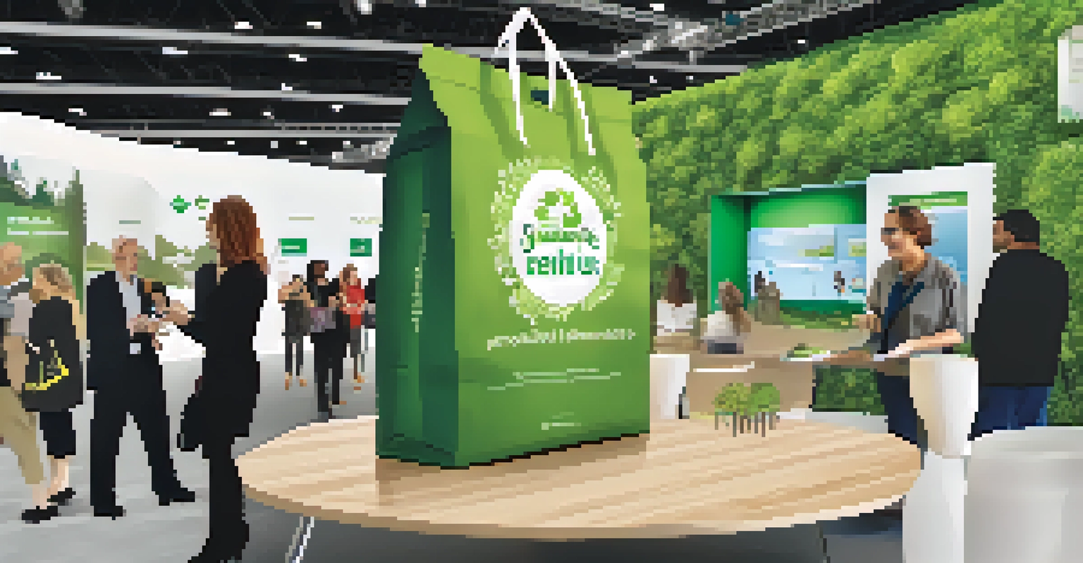 A reusable bag made from recycled materials being handed out at a trade show booth, with a vibrant exhibit in the background.