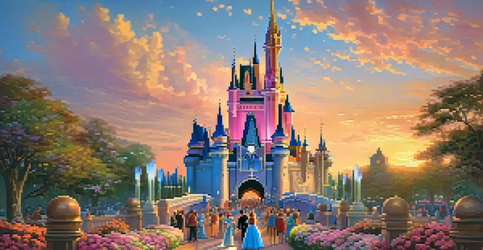 A picturesque view of Cinderella's Castle with vibrant flowers and families enjoying the sunset, illuminated by fireworks.