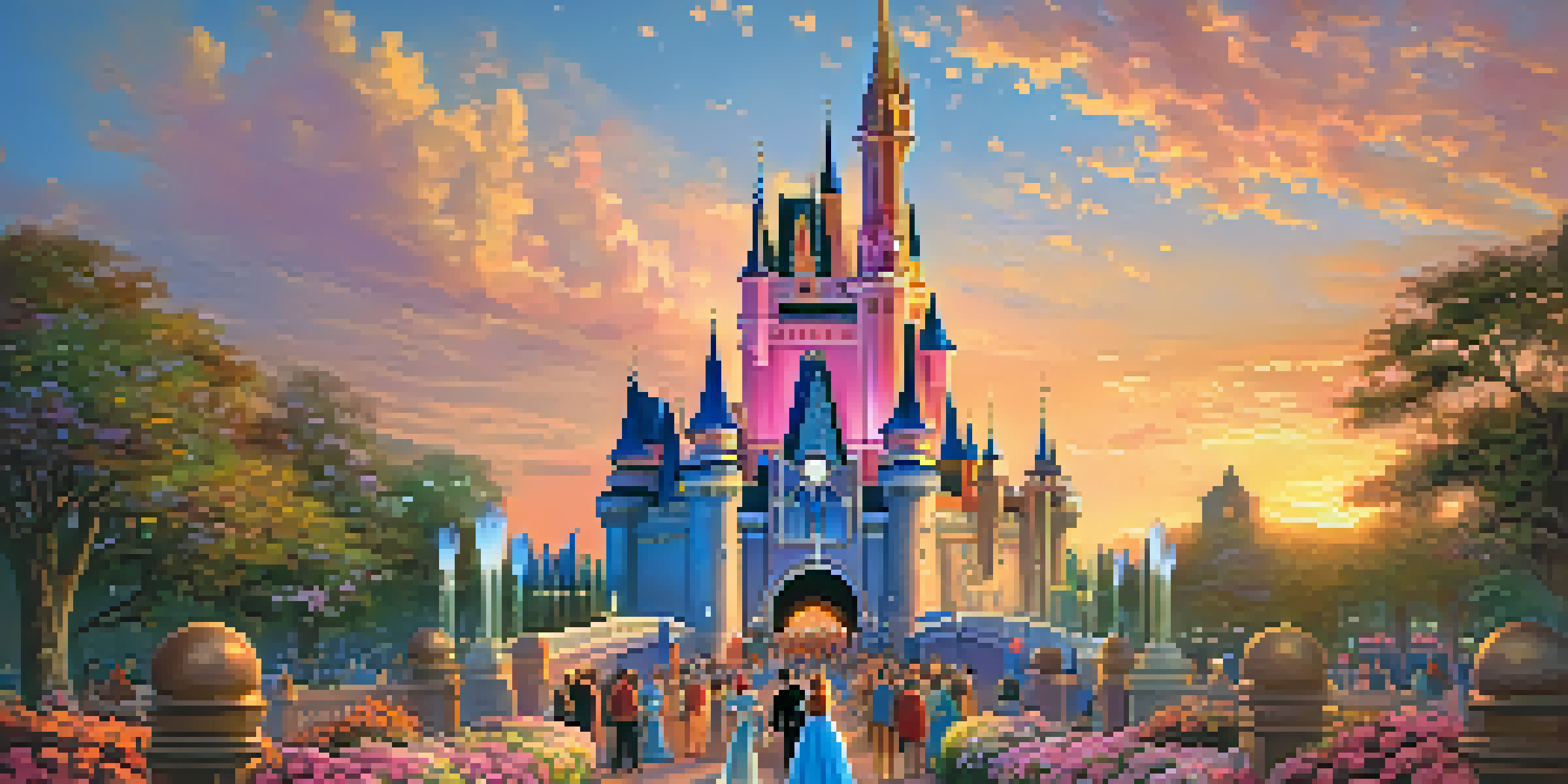 A picturesque view of Cinderella's Castle with vibrant flowers and families enjoying the sunset, illuminated by fireworks.