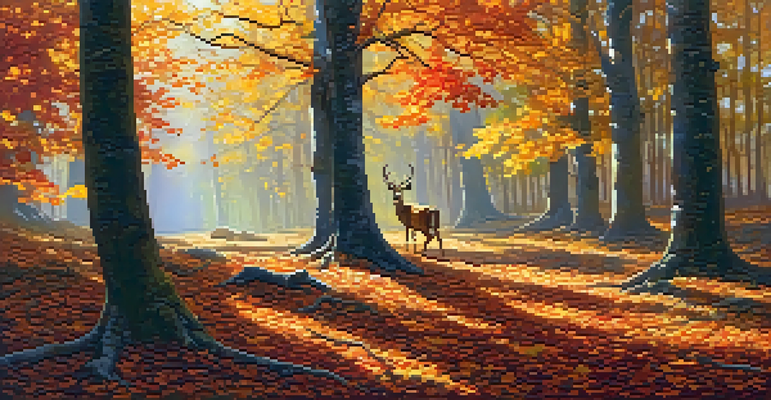 A colorful autumn forest with sunlight filtering through trees and a deer in the background.