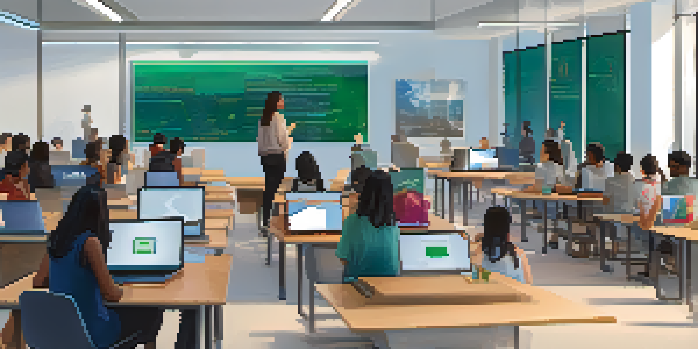 A modern classroom with diverse students engaged in online learning, natural light illuminating high-tech laptops and screens.