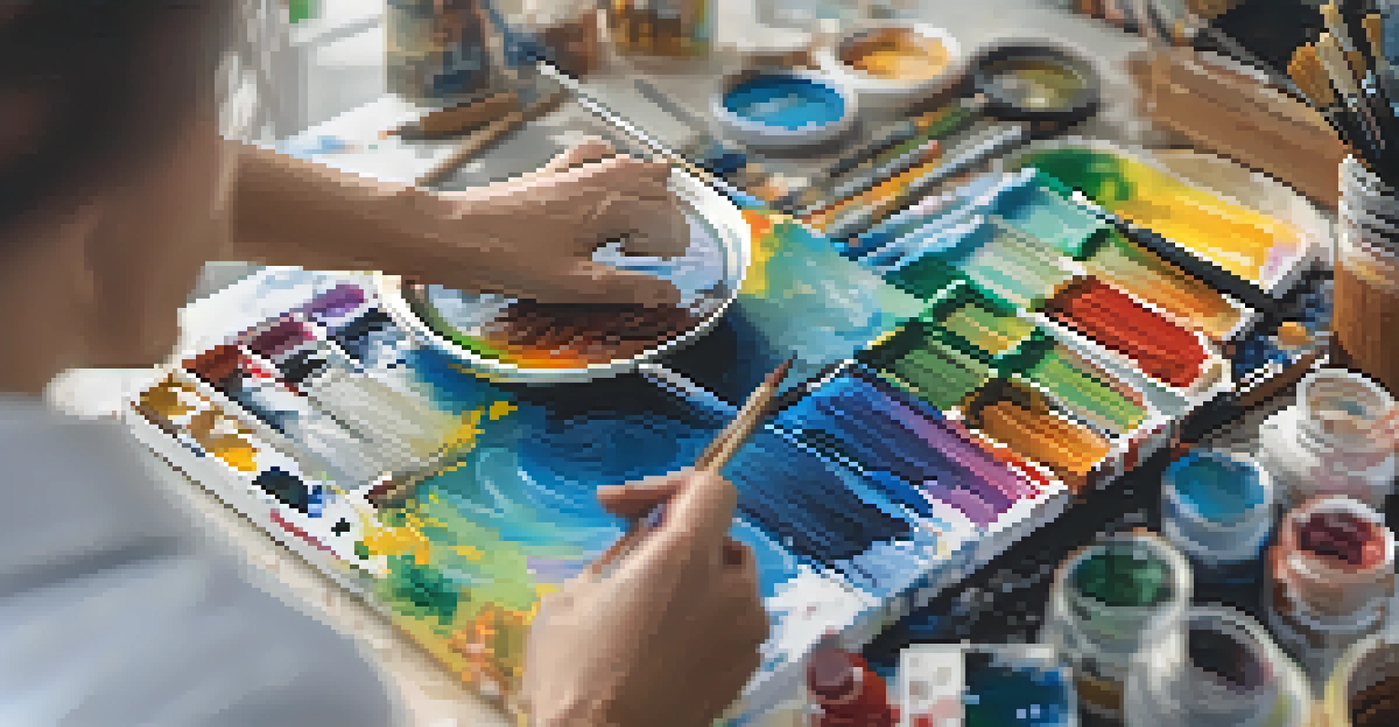 A local artist's hands painting on a canvas in their studio, showcasing vibrant colors and the texture of the paint.