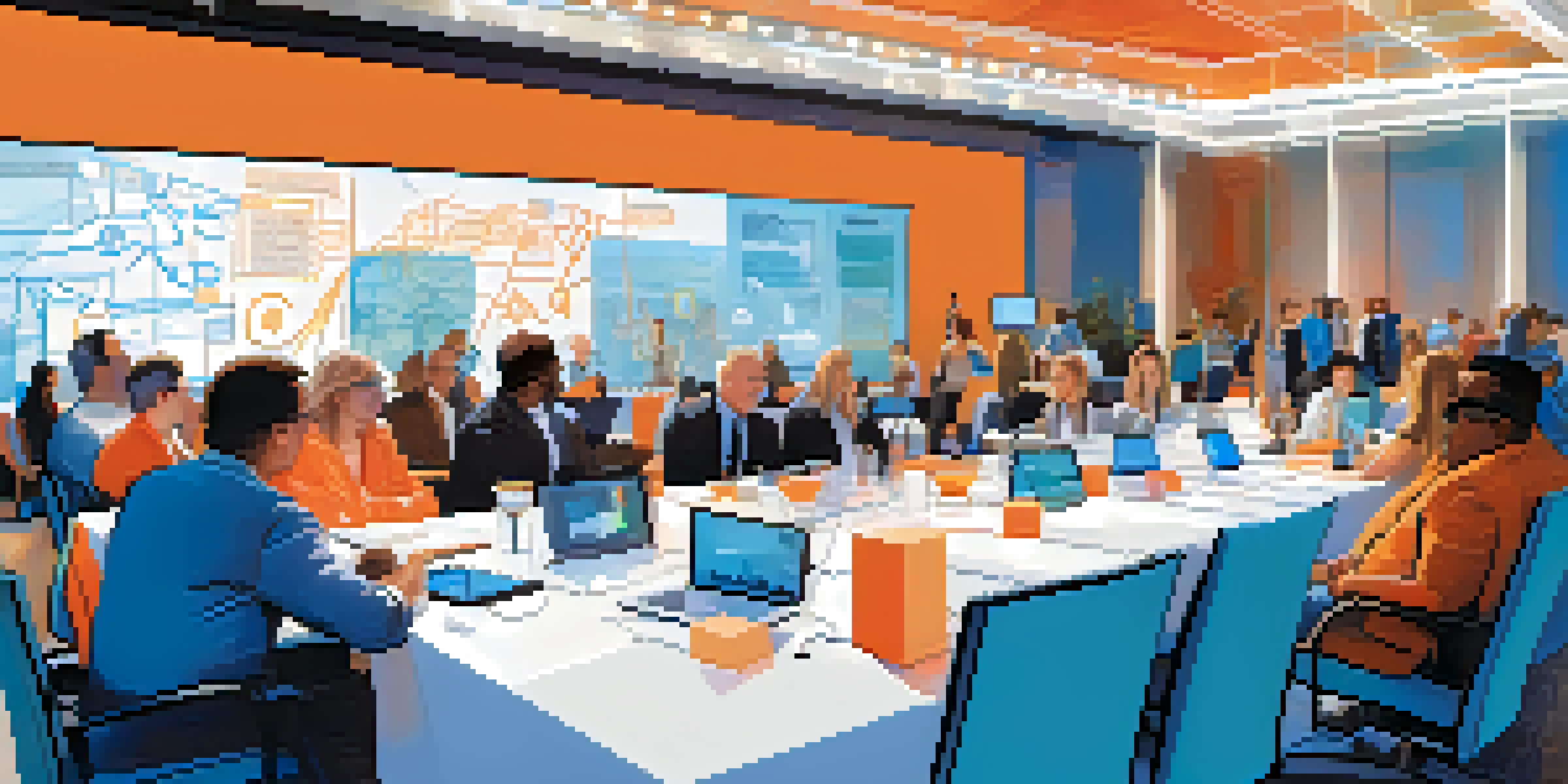 A lively conference in Orlando with diverse attendees discussing ideas in a modern setting filled with bright lights and screens.