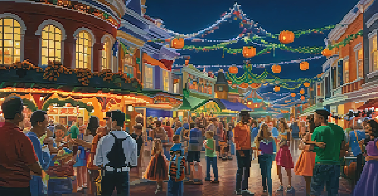 Festive decorations and costumed characters at Orlando's theme parks during a Halloween event, showcasing excitement.