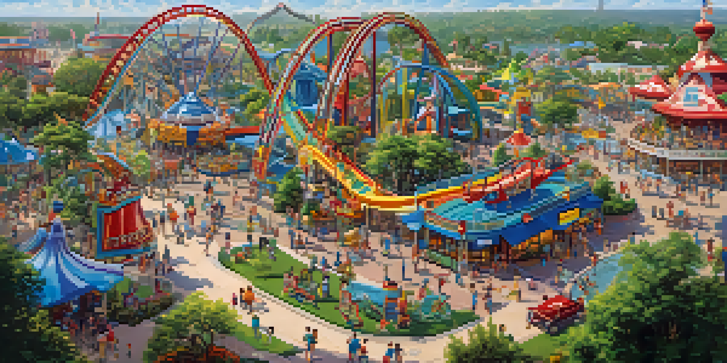 Families enjoying attractions at Orlando's theme parks on a sunny spring day, with colorful rides and greenery.