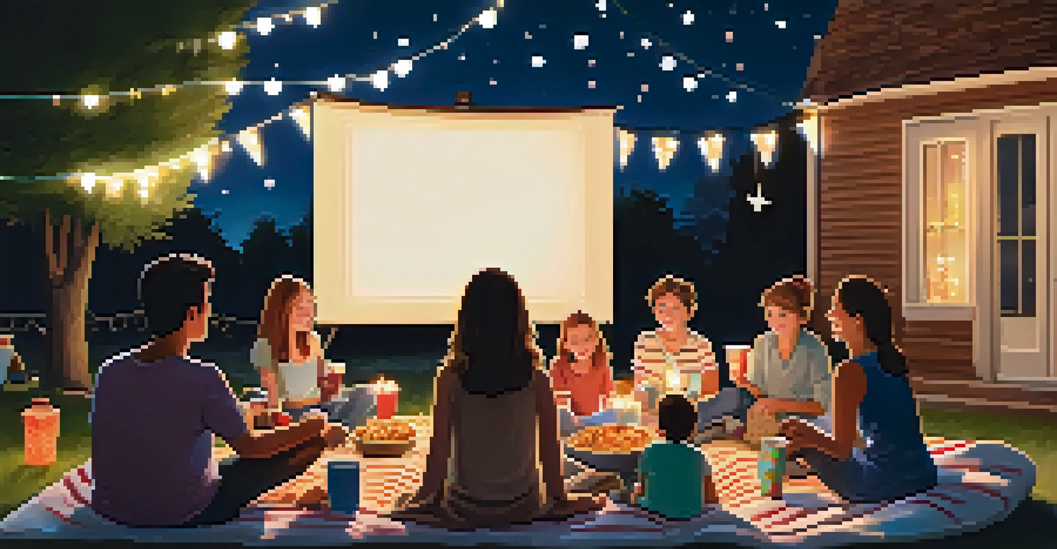 A backyard setting with a projector screen showing a movie, surrounded by families sitting on blankets under a starry sky.