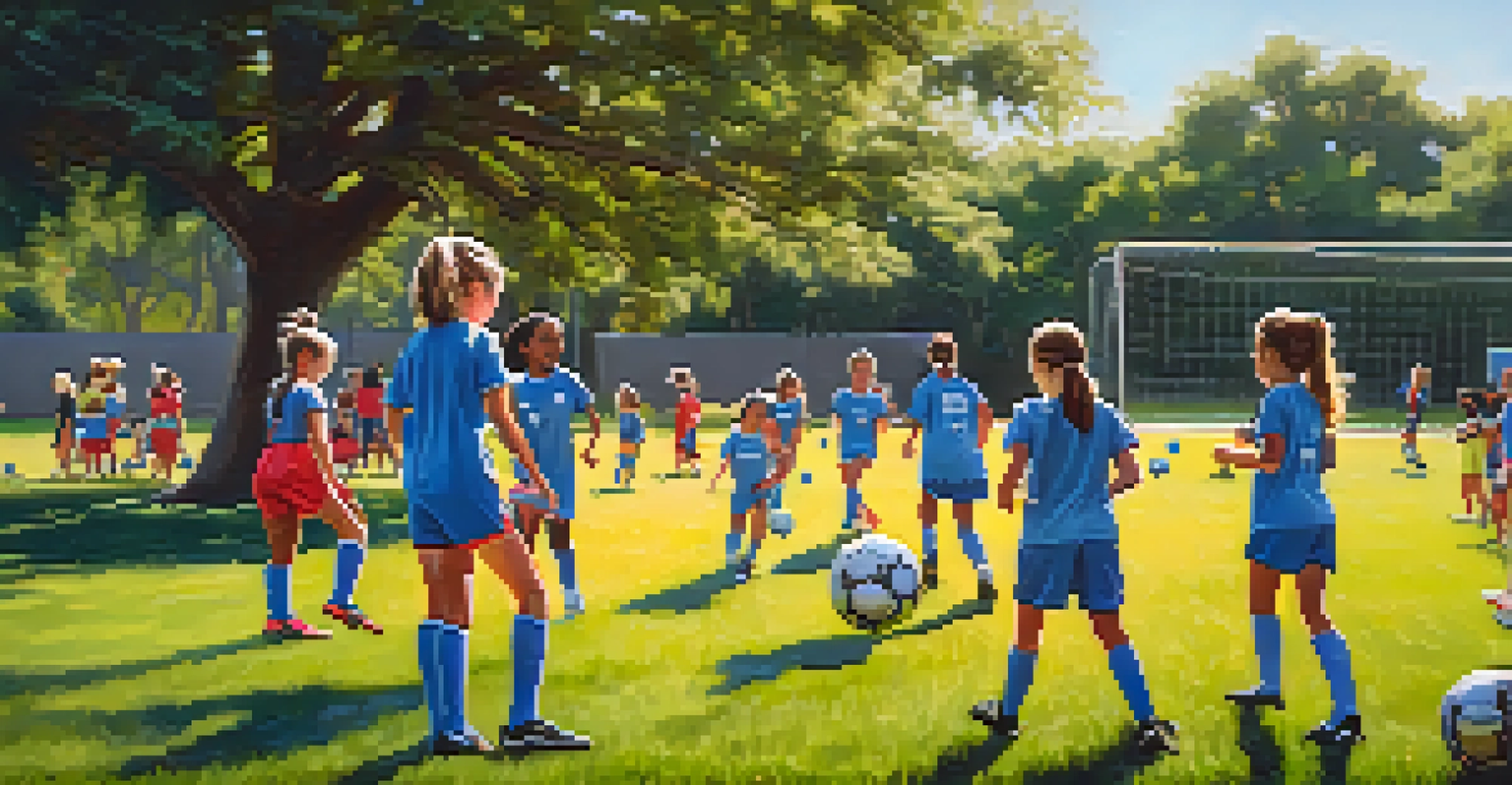 Young girls practicing soccer skills at a youth clinic in Orlando on a sunny day, with a coach and spectators in the background.