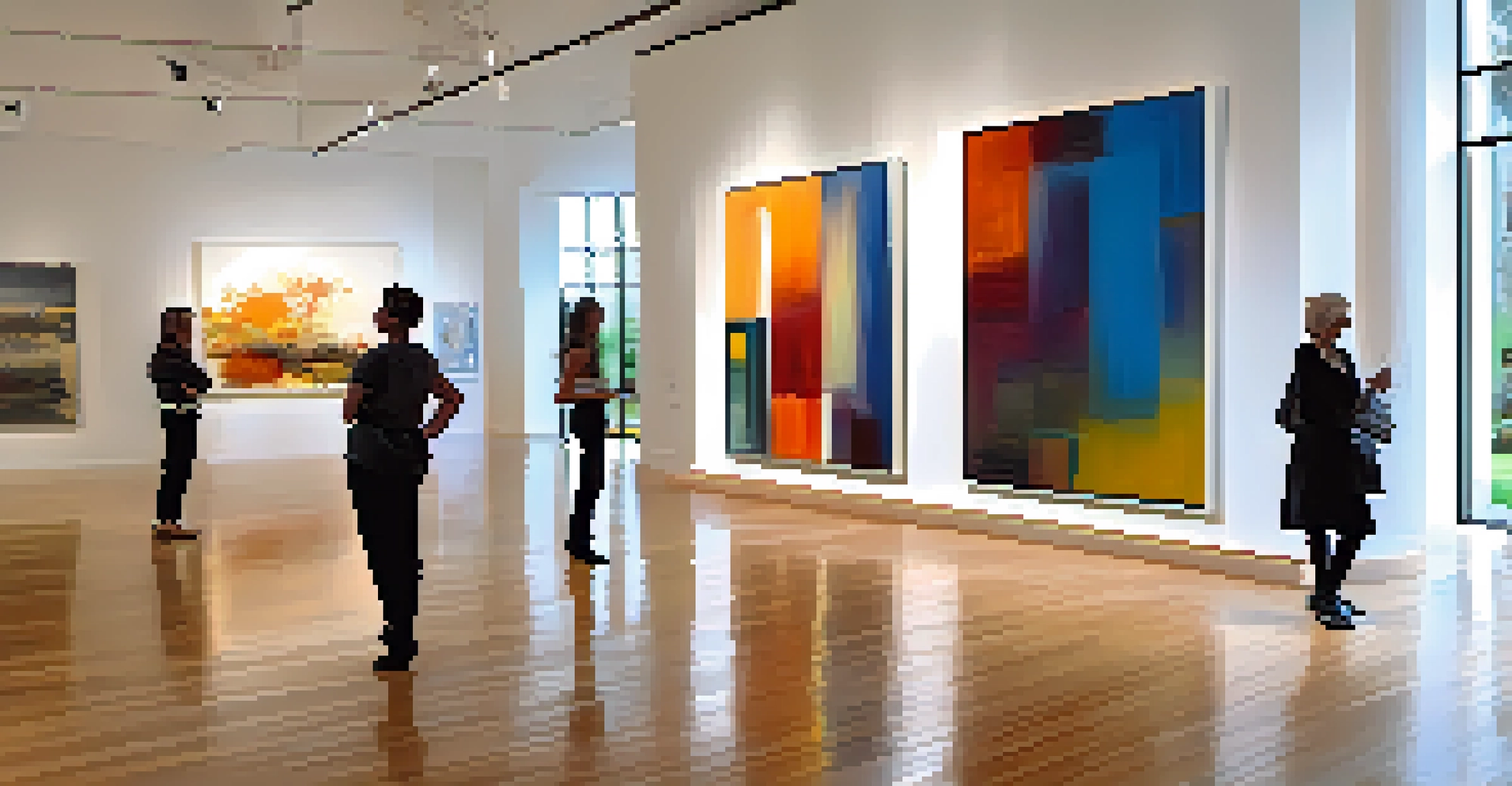 Inside a contemporary art gallery in Orlando, showcasing large abstract paintings, with visitors engaging and discussing the artwork.