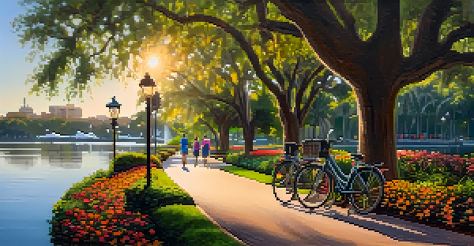 A couple biking around Lake Eola at sunrise, surrounded by trees and flowers.