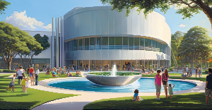 A sunny day at the Orlando Museum of Art, with visitors enjoying the sculpture garden surrounded by modern architecture and greenery.